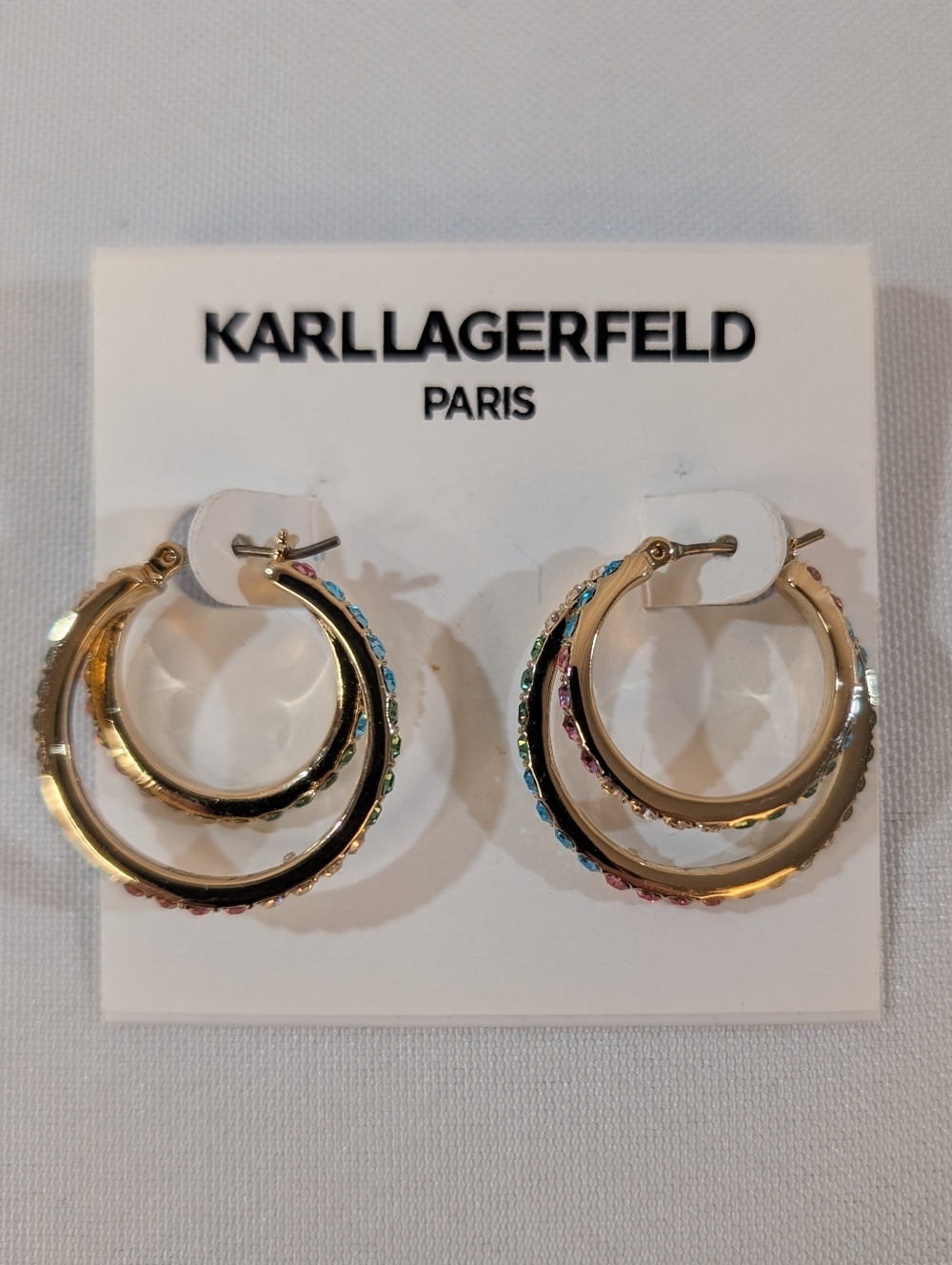 Karl Lagerfeld Gold Hoop Earrings With Multicolor Rainbow Stones - Picture 3 of 10